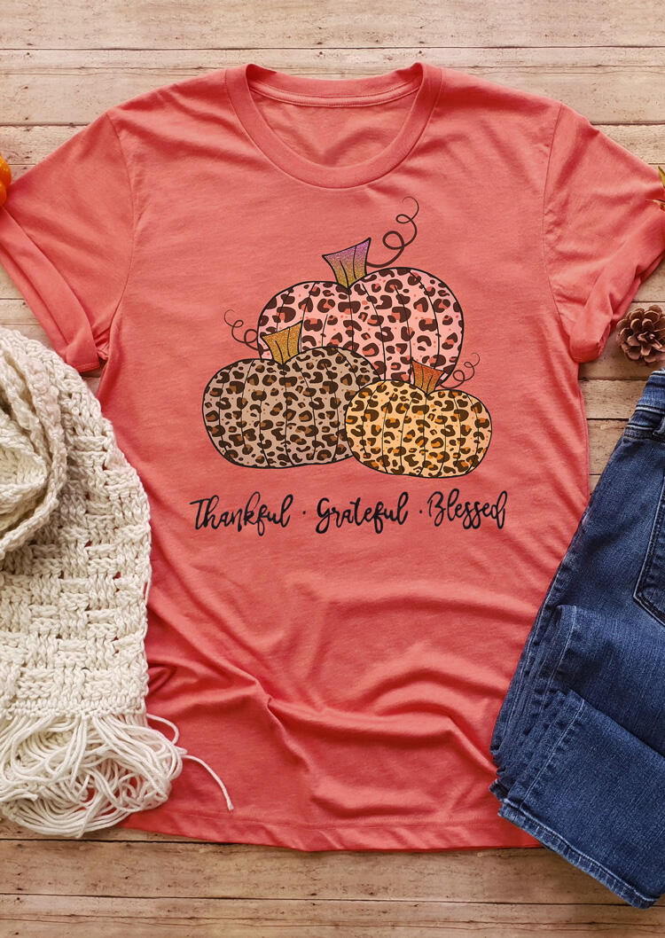 Thankful Grateful Blessed Leopard Printed Splicing Pumpkin T-Shirt Tee - Orange