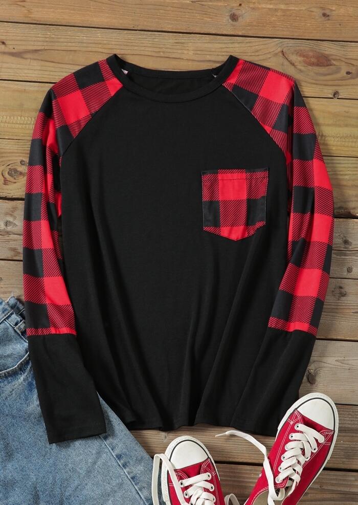 

Plaid Pocket Splicing Baseball T-Shirt, Black, 429760