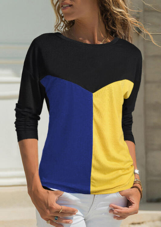 Color Block Splicing O-Neck T-Shirt Tee without Necklace - Blue