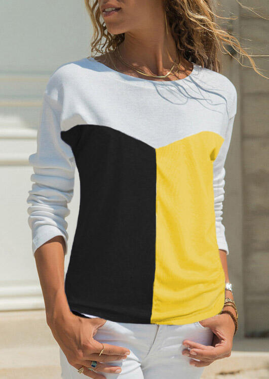 Color Block Splicing O-Neck T-Shirt Tee without Necklace - Yellow