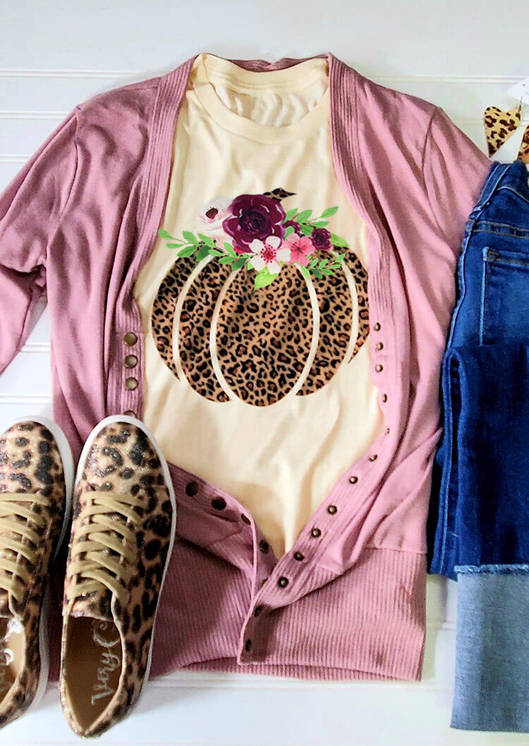Floral Leopard Printed Pumpkin T-Shirt Tee - Cream