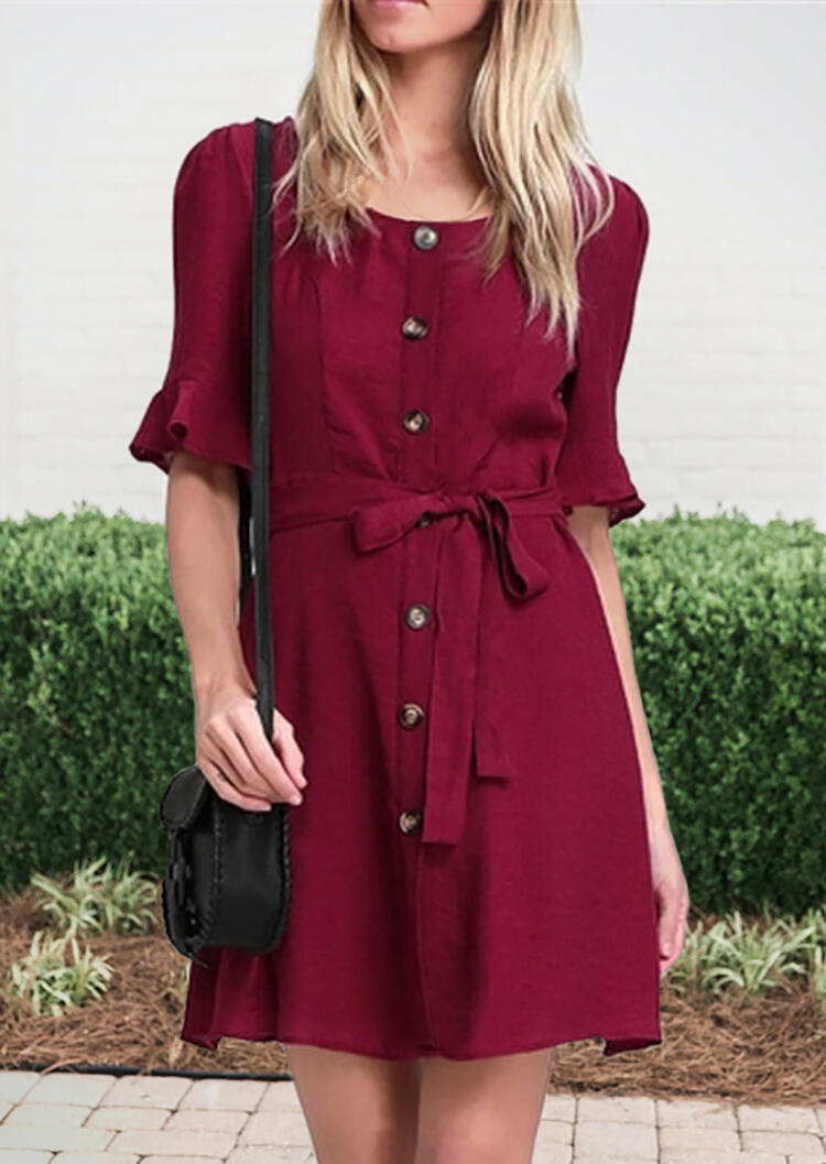 Solid Button Flare Sleeve Mini Dress - Burgundy