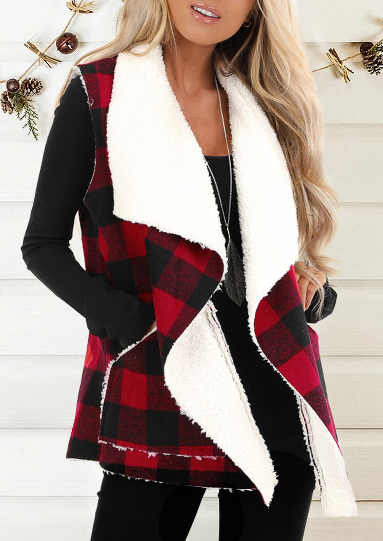 

Plaid Pocket Warm Plush Cardigan without Necklace, 457908