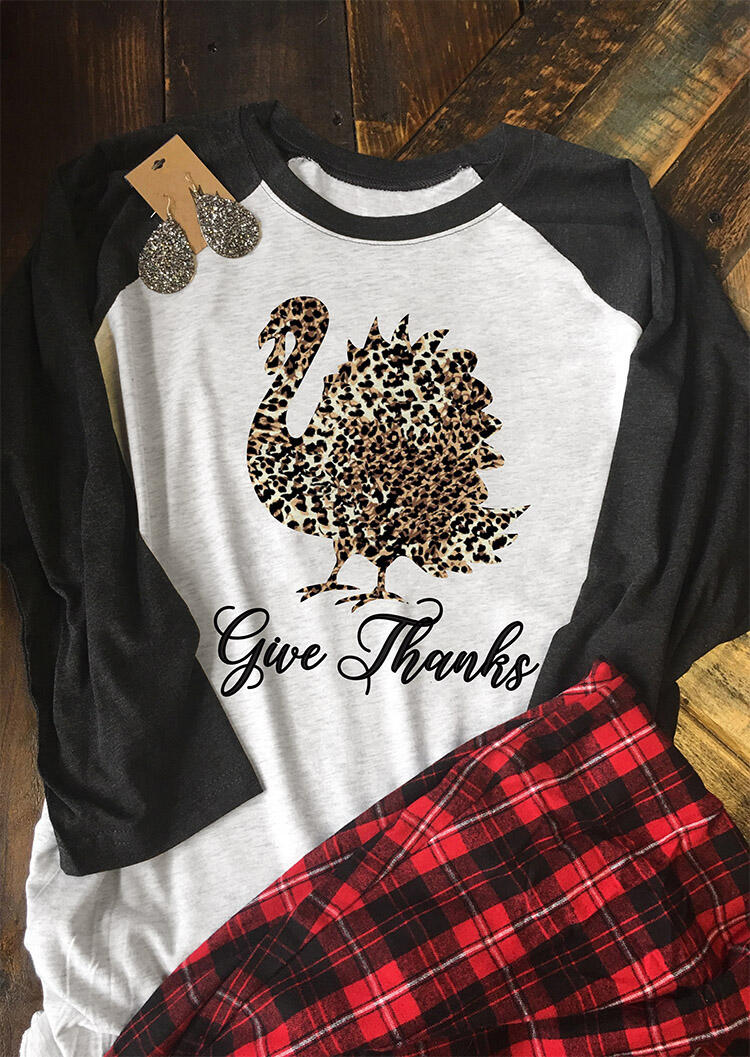 Thanksgiving Leopard Printed Turkey Give Thanks T-Shirt Tee - Gray