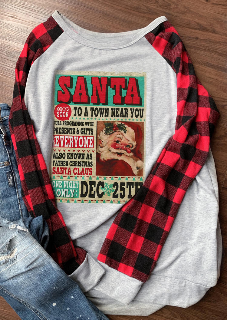 Plaid Splicing Christmas Santa T-Shirt Tee - Light Grey