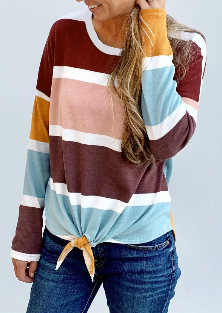 Colorful Striped Splicing Tie Blouse