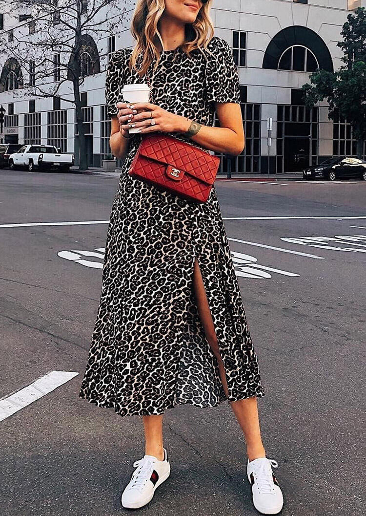 Leopard Printed Splicing Slit Maxi Dress