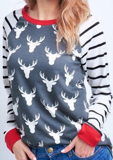 Christmas Elk Striped Splicing T-Shirt Tee - Gray