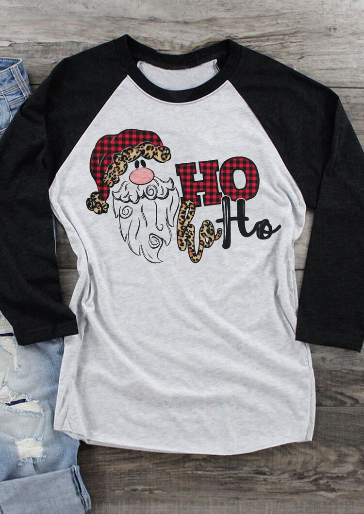 Plaid Leopard Printed Splicing Hohoho Christmas Santa T-Shirt Tee - Light Grey