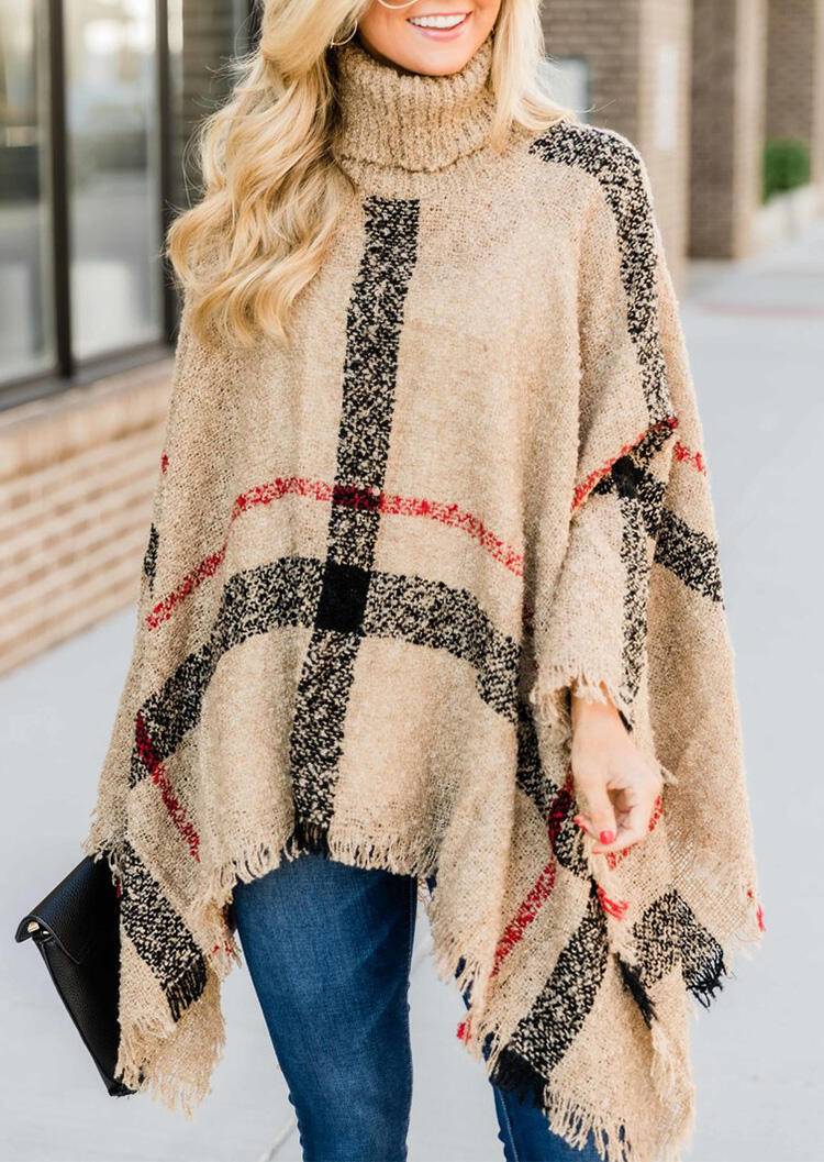 Striped Tassel Turtleneck Sweater Cape - Khaki