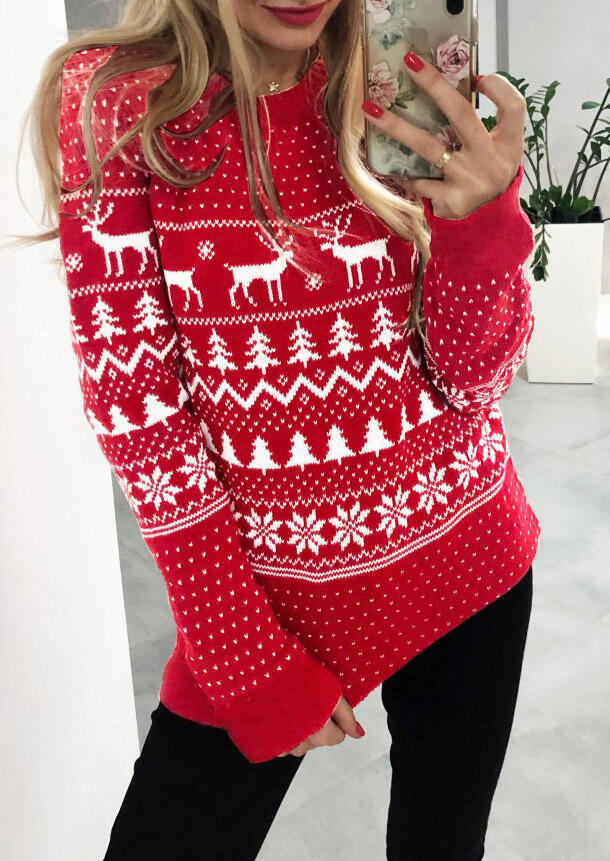 Christmas Elk Geometric Printed Blouse without Necklace - Red