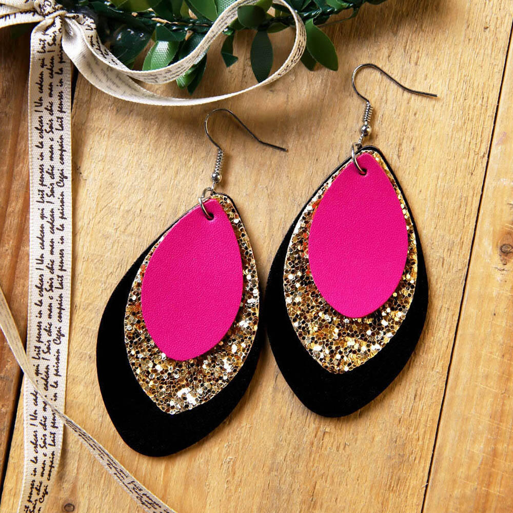 

Three-Layered Sequined Leather Earrings, Pink, 457950