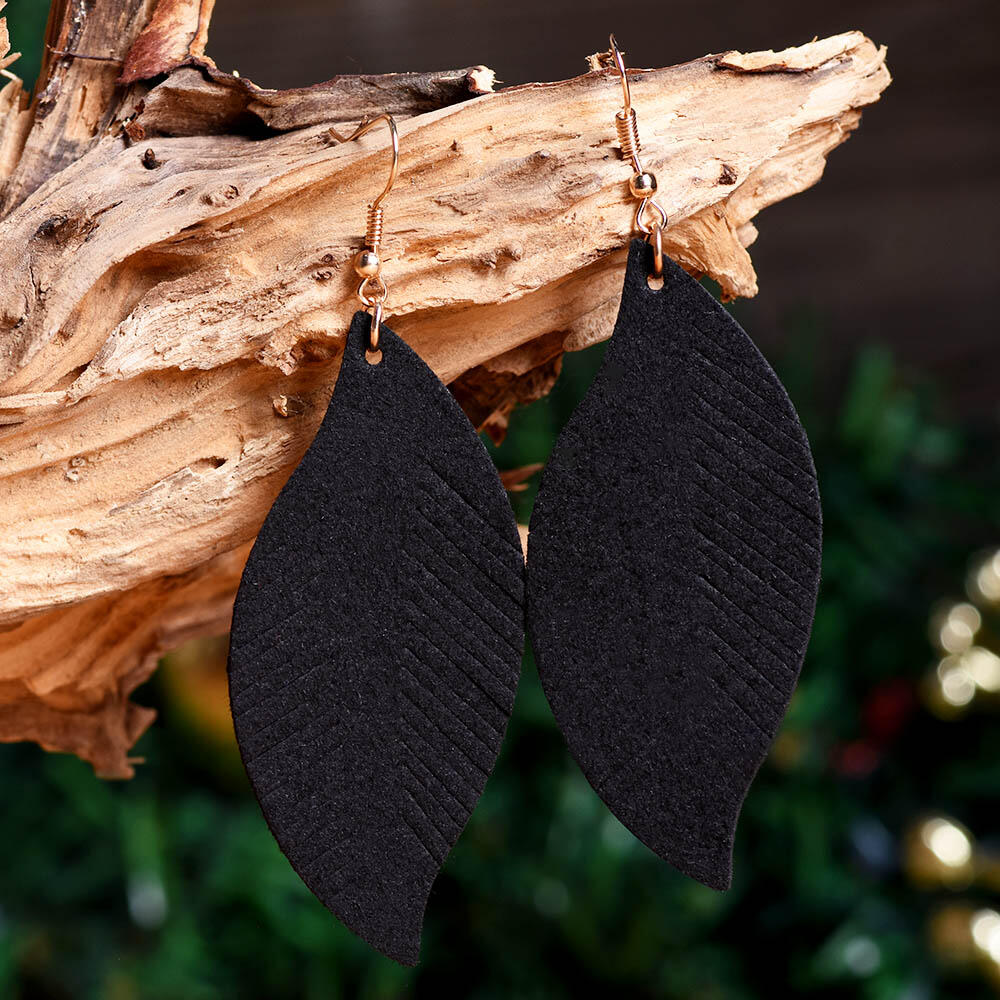 

Solid Feather Leather Earrings, Black, 458030