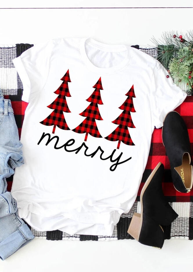 Plaid Christmas Trees Merry T-Shirt Tee - White