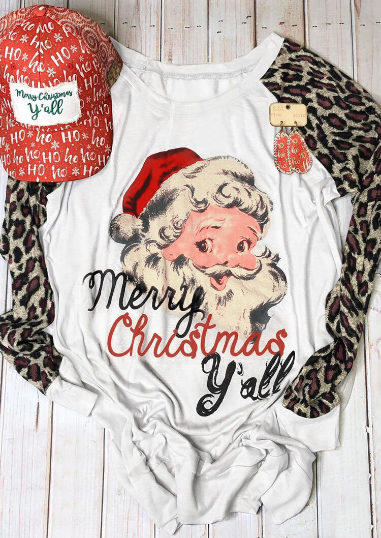 Merry Christmas Y'all Leopard Printed Splicing T-Shirt Tee - White