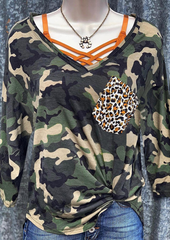 Camouflage Leopard Printed Pocket Blouse without Necklace And Strap
