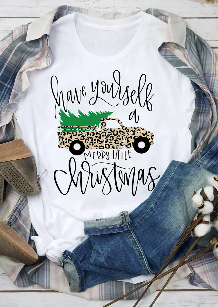 

Have Yourself A Merry Little Christmas Leopard Printed T-Shirt Tee - White, 458398