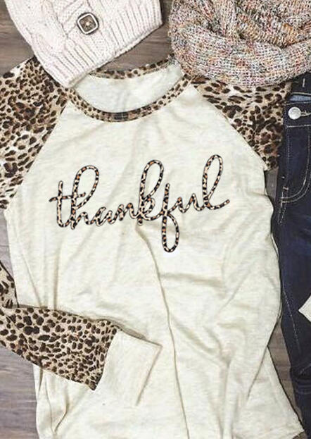 Thankful Leopard Splicing T-Shirt Tee - Beige