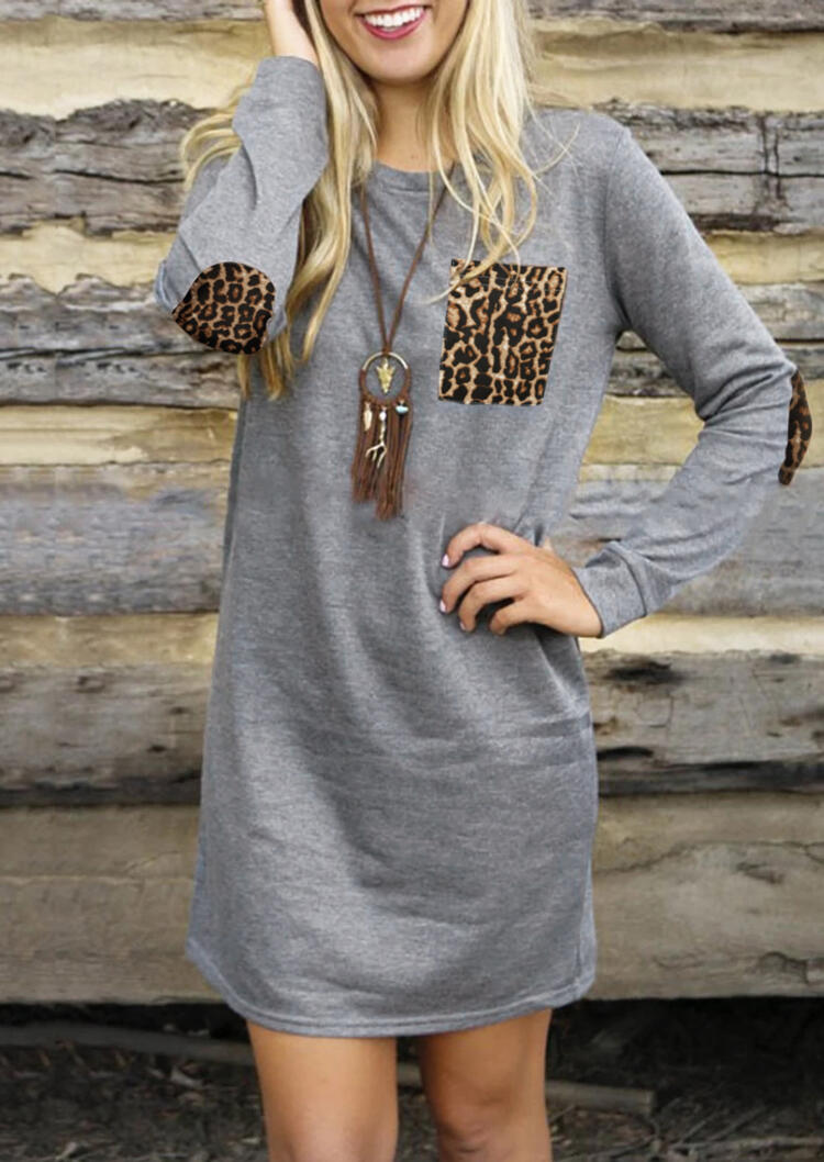 Leopard Printed Splicing Pocket Elbow Patch Mini Dress without Necklace - Gray