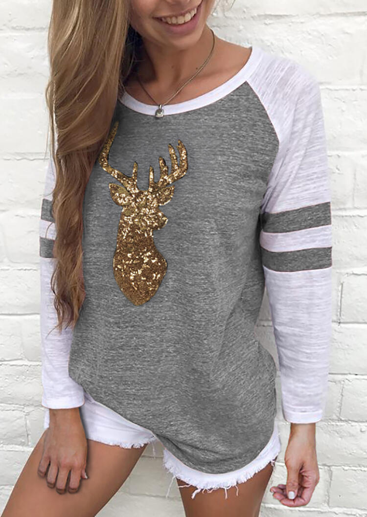 Christmas Reindeer Sequined T-Shirt Tee - Gray