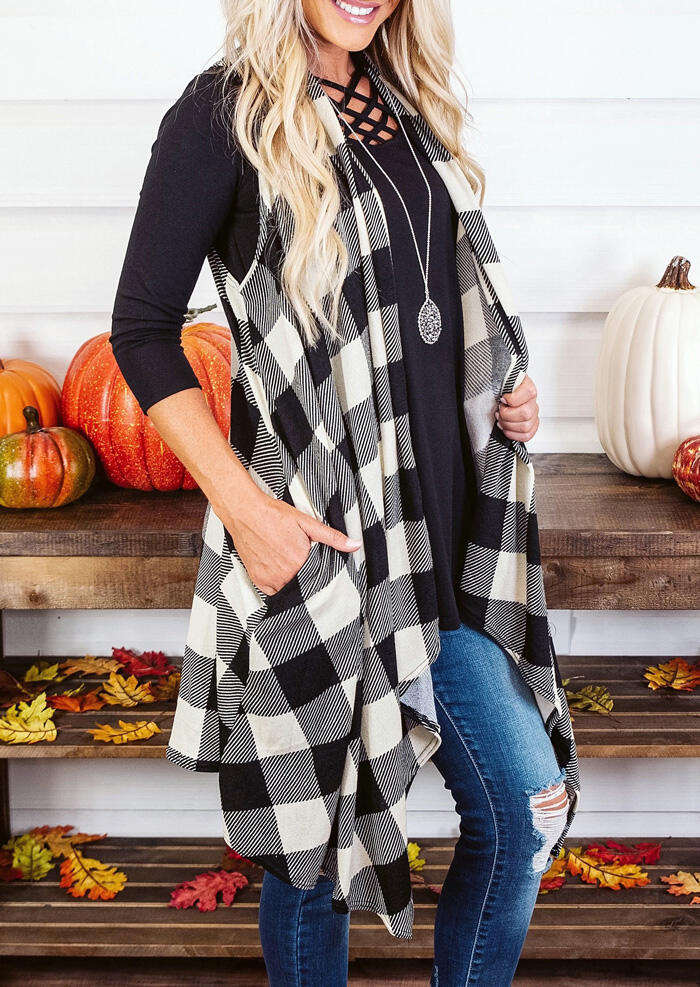 Plaid Splicing Asymmetric Cardigan without Necklace - White