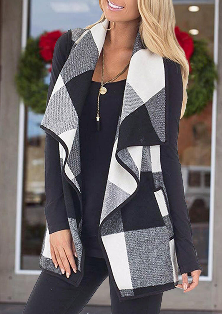 

Plaid Pocket Sleeveless Vest Cardigan without Necklace - Black, 458549