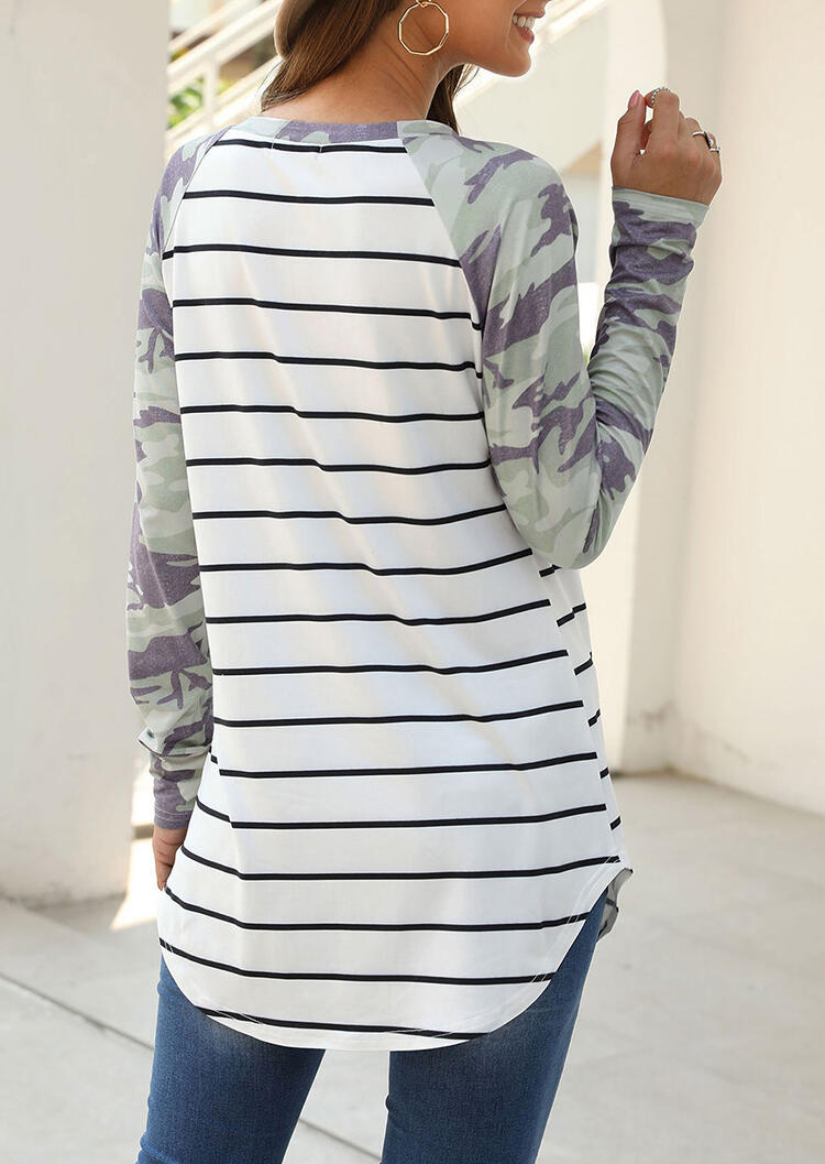 Buy Camouflage Striped Splicing T-Shirt Tee - White. Picture