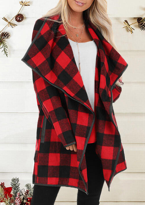 Plaid Splicing Pocket Cardigan without Necklace - Red