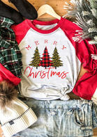 Merry Christmas Trees Plaid Leopard Printed Splicing T-Shirt Tee - Light Grey