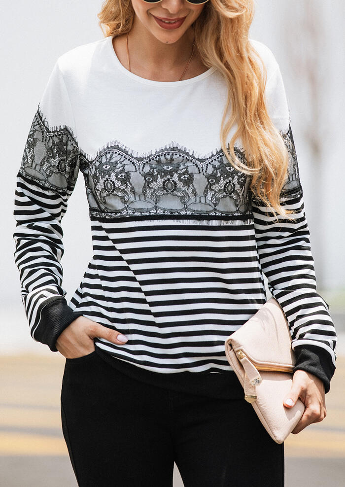 Striped Lace Splicing Sweatshirt without Necklace - White