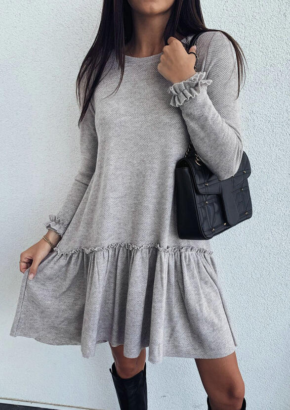 Solid Ruffled Long Sleeve Mini Dress - Light Grey