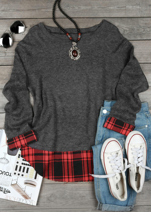 

Plaid Splicing O-Neck Long Sleeve Sweater, Gray, 168298