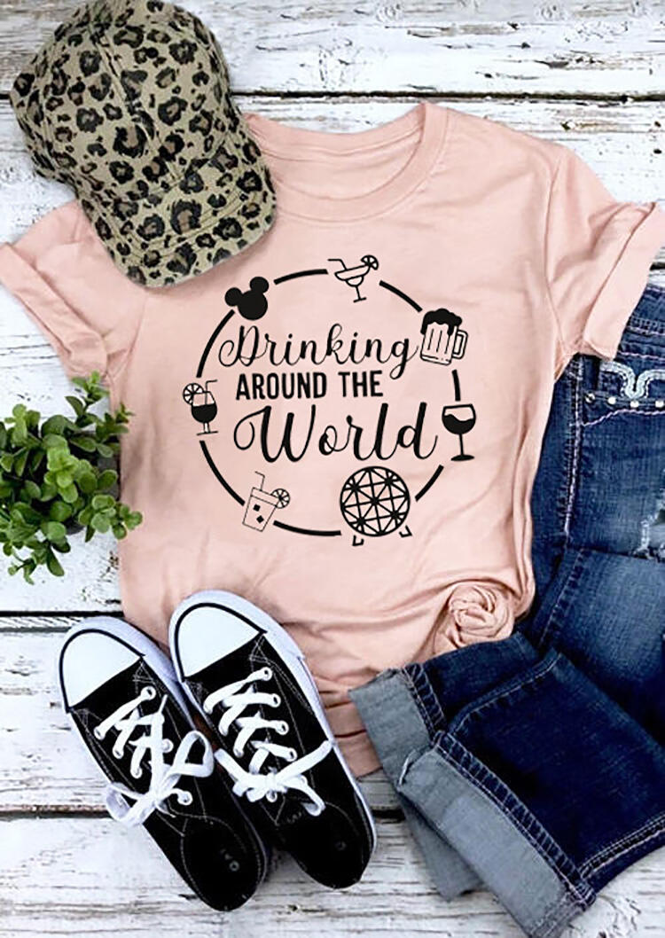 Drinking Around The World T-Shirt Tee - Pink