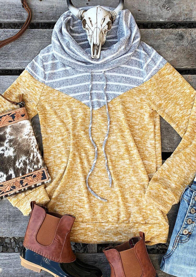 Striped Splicing Drawstring Cowl Neck Blouse - Yellow