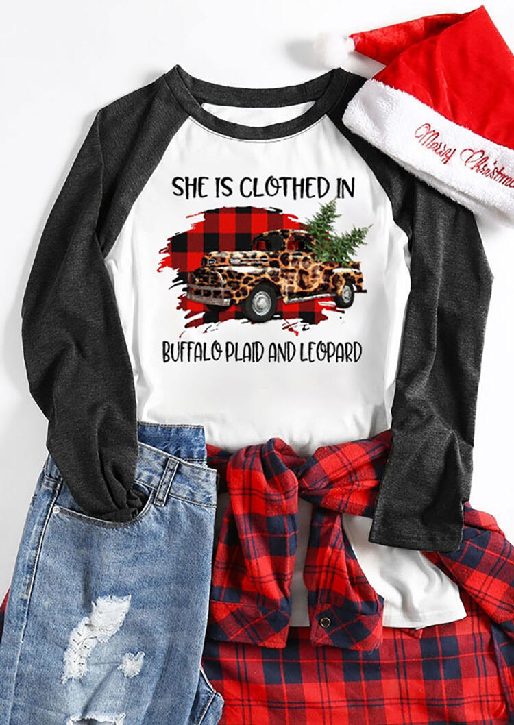She Is Clothed In Buffalo Plaid And Leopard Printed Christmas Tree T-Shirt Tee - White