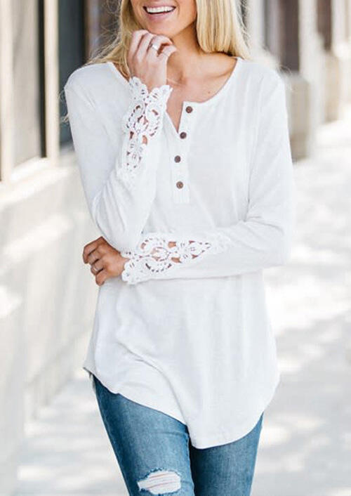 Solid Lace Splicing Button Blouse - White