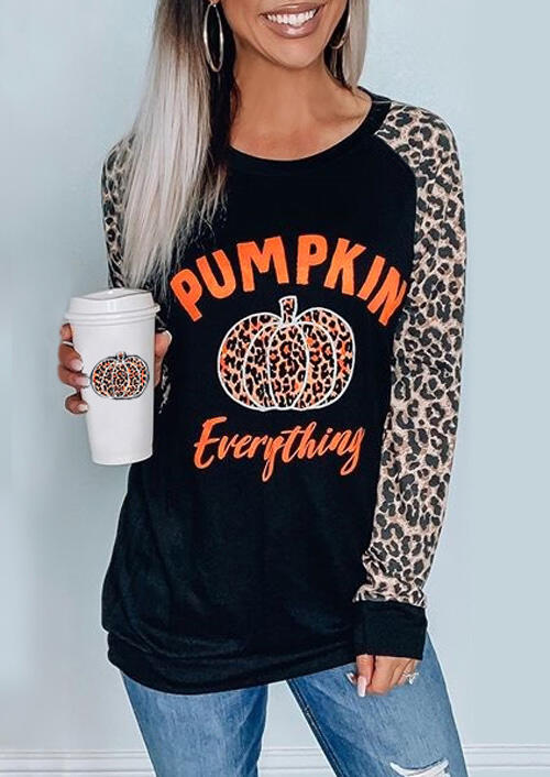 Leopard Printed Splicing Pumpkin Everything T-Shirt Tee - Black