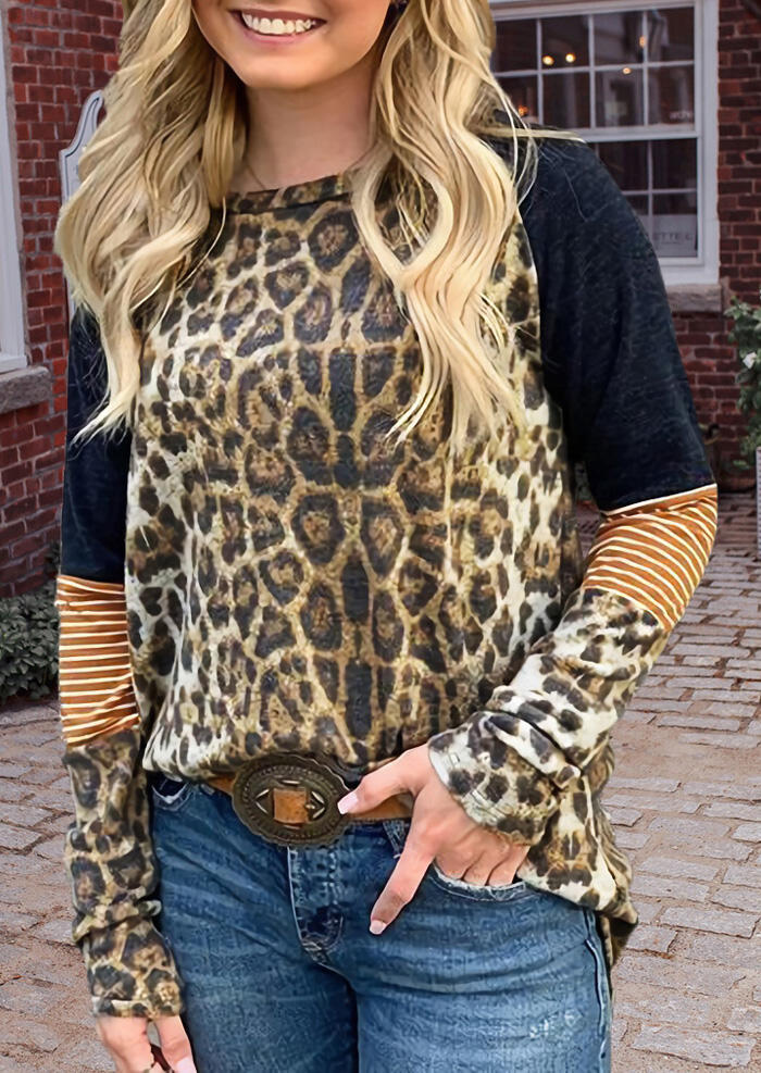 

Leopard Striped Splicing T-Shirt Tee, 458253