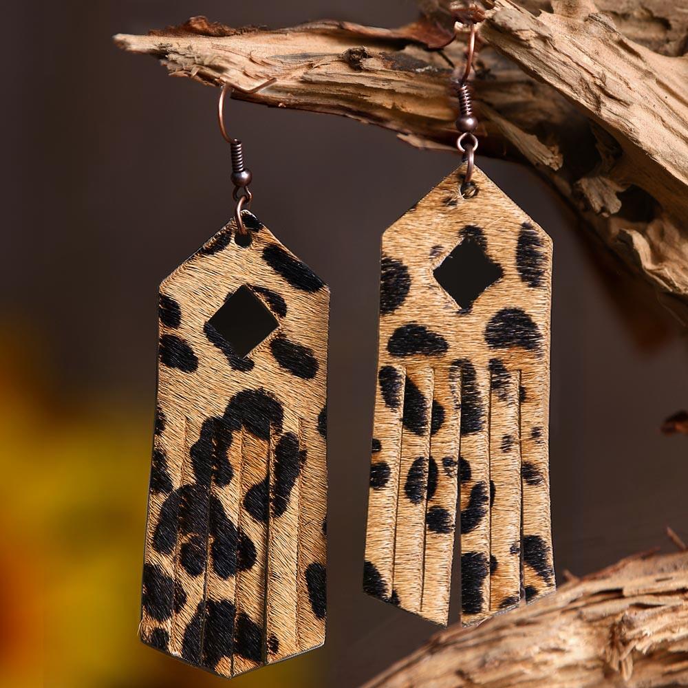 Leopard Printed Long Tassel Leather Earrings