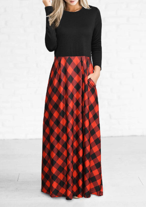 

Plaid Pocket Long Sleeve Maxi Dress - Red, 458896