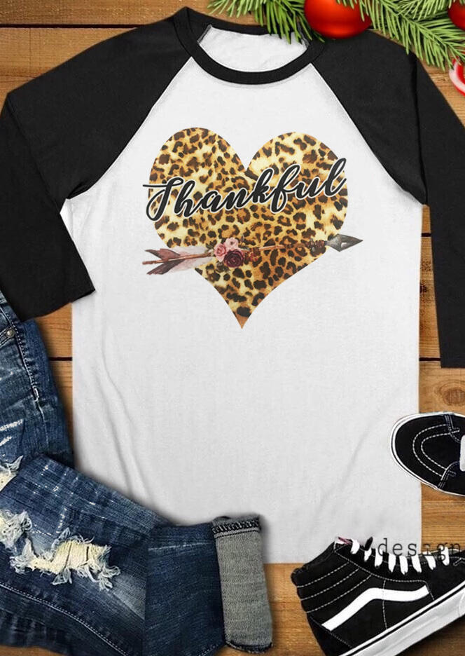 Thankful Leopard Printed Heart T-Shirt Tee - White