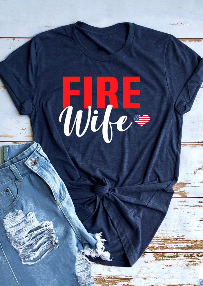 Fire Wife American Flag Heart T-Shirt Tee - Navy Blue