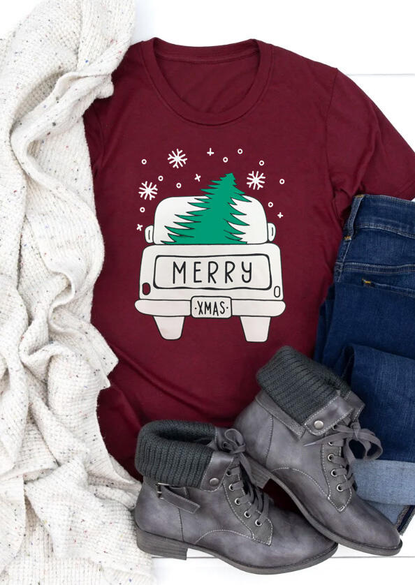 Merry Christmas Tree Snowflake T-Shirt Tee - Burgundy