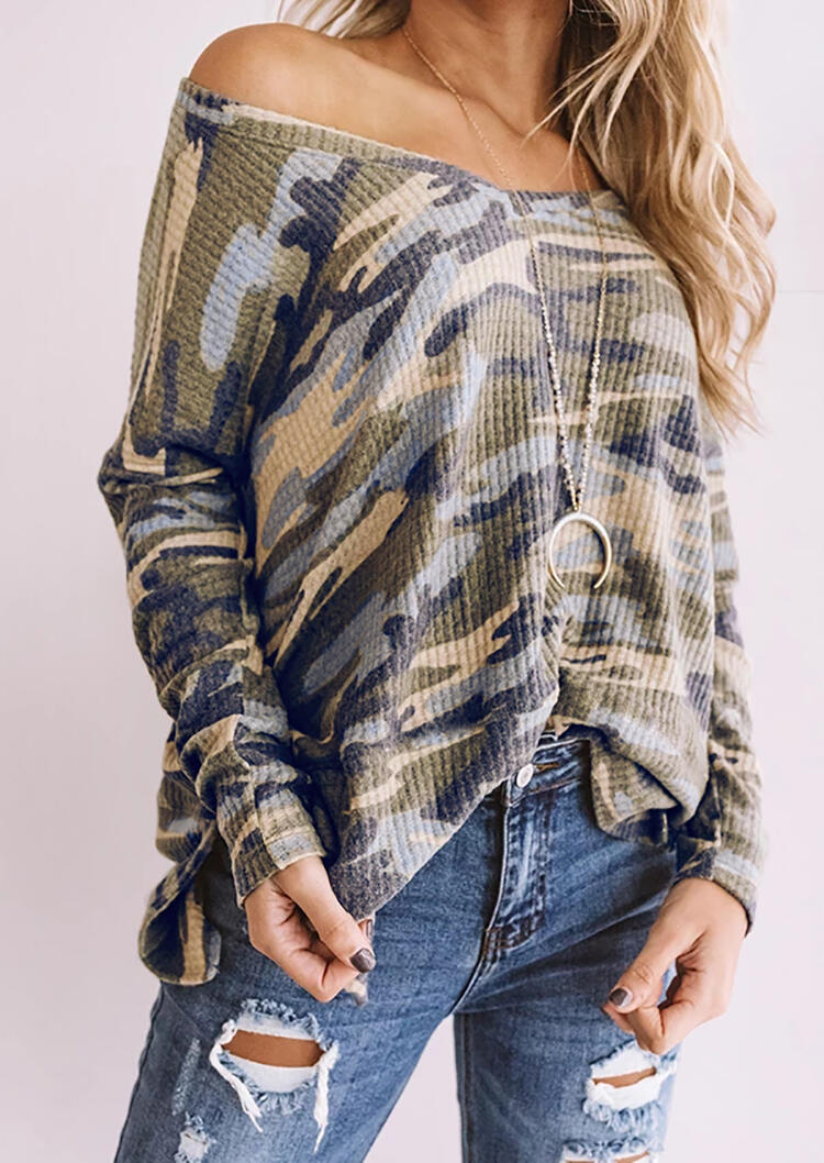 Camouflage Printed V-Neck Blouse without Necklace