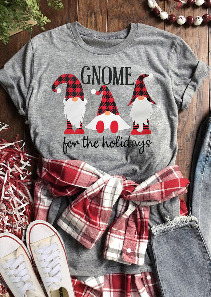 Gnome For The Holidays Plaid Printed T-Shirt Tee - Light Grey