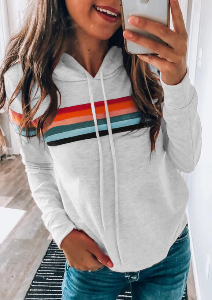 Colorful Striped Splicing Drawstring Hoodie - Light Grey