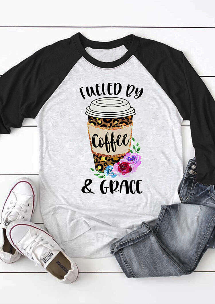 Fueled By Coffee & Grace Leopard Floral Printed T-Shirt Tee - Gray