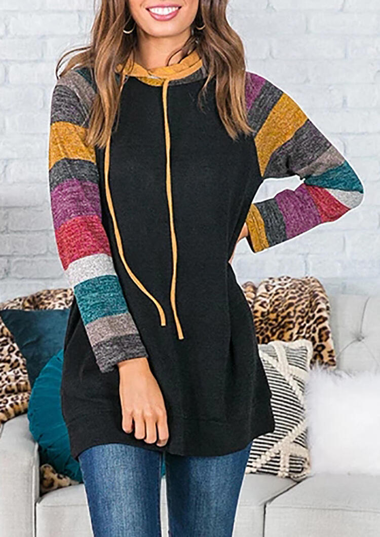 Striped Color Block Splicing Drawstring Hoodie - Black