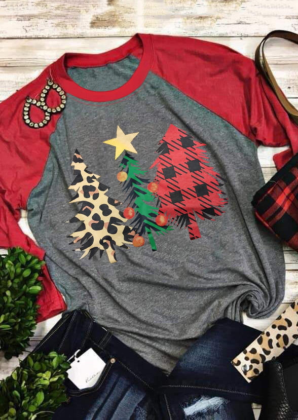 Plaid Leopard Printed Christmas Trees T-Shirt Tee - Gray