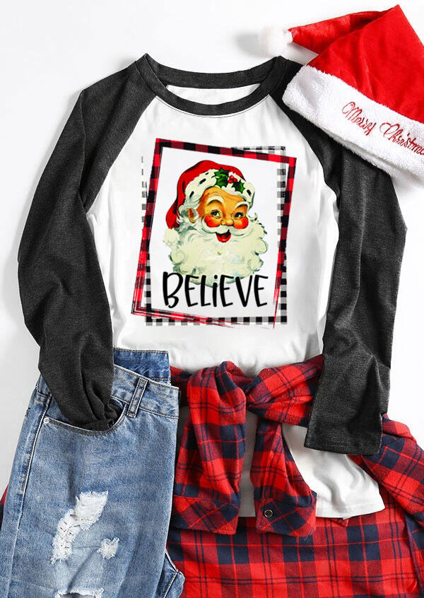 Plaid Santa Claus Believe T-Shirt Tee - White